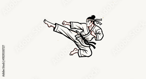 Martial Arts Fighter Performing Dynamic High Kick in Mid-Air