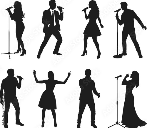 Large collection of black silhouettes featuring male and female singers performing on stage with microphones in various artistic musical poses isolated on white background
