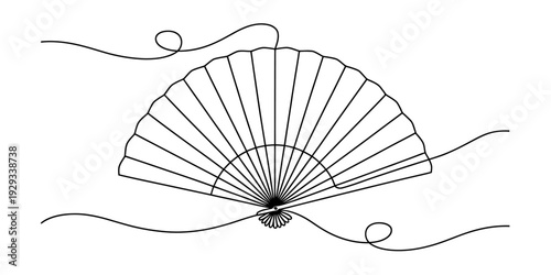 A simple black and white line drawing of a traditional folding fan with wavy lines suggesting wind.