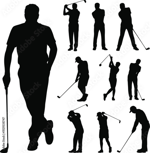 Large collection of black silhouettes featuring male and female golfers swinging clubs and hitting balls in various active sports poses isolated on white background