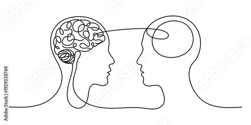 Continuous line drawing of two heads representing knowledge transfer and simplification