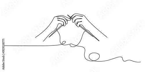 A simple continuous line drawing of hands knitting with needles and a ball of yarn.