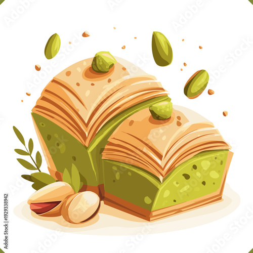 Vector illustration of pistachio baklava pieces with nuts, sweet dessert isolated on a white background