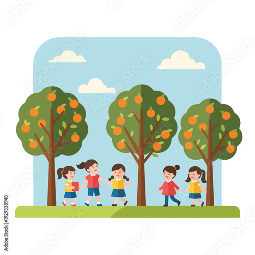 Children walk through an orchard with trees laden with oranges