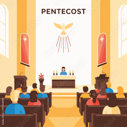 Church interior scene; people seated, a dove symbol, and central sermon area