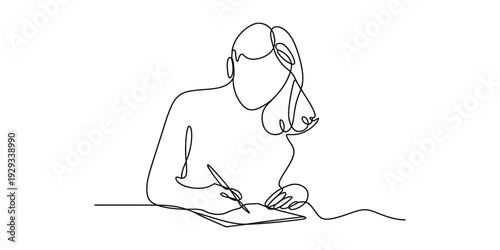 Continuous line drawing of a woman sitting at a desk and writing in a notebook.