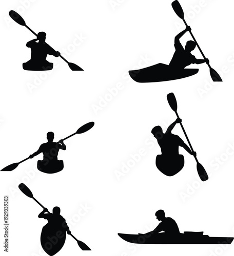 Large collection of black silhouettes featuring professional athletes paddling kayaks and canoes in various active rowing and water sports positions isolated on white background