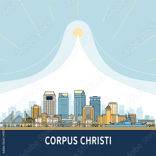 City skyline silhouette illustration with sun, blue and tan buildings