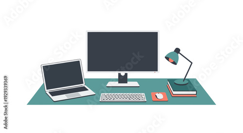 home office workspace with computer and laptop