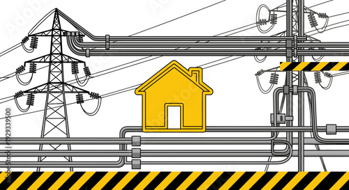 house near power lines and industrial pipes