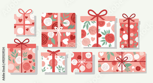 Collection of assorted gifts with floral, heart, and dotted patterns