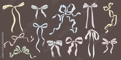 Collection of eleven pastel ribbon bows arranged across a deep brown background in a flat, stylized vector design. Features classic and elaborate bow shapes.