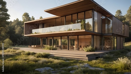 Casa moderna de madera y vidrio integrada en entorno natural