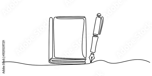 Single line drawing of a closed hardcover book and a fountain pen on a white background Vector, illustration