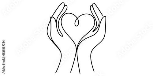 Continuous line drawing of two hands cupping a heart symbol representing love and care Vector, illustration