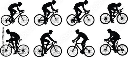 Large collection of black silhouettes featuring professional male cyclists riding road bicycles in various active racing and training positions isolated on white background for sports