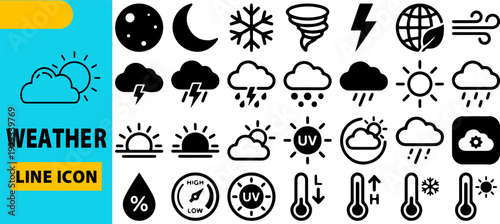 Weather Line Icon Set: A comprehensive collection of clean, modern line icons depicting various weather conditions, perfect for weather-related design projects.