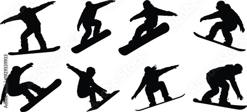 Large collection of black silhouettes featuring professional snowboarders jumping sliding and performing extreme winter sports tricks in various active positions isolated on white background