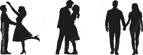 Large collection of black silhouettes featuring romantic couples dancing kissing and walking hand in hand isolated on white background for wedding and relationship concepts