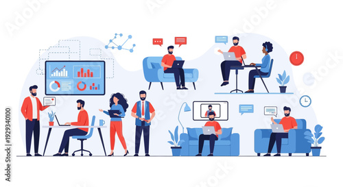 Hybrid & Remote Work Illustration: Business Teams Collaborating, Communicating Online, and Analyzing Data for Modern Productivity