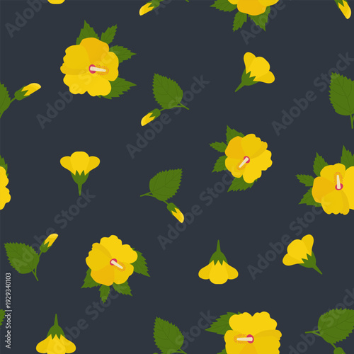 Yellow hibiscus flowers with buds and leaves isolated on dark blue. Seamless pattern, flat style. Floral background for textile, wallpaper, wrapping paper, greeting cards and seasonal decorations.