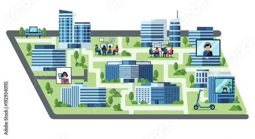 Hybrid Work City Map: Remote Teams, Office Collaboration, Smart Technology & Urban Connectivity