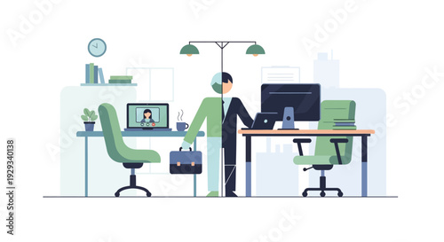 Hybrid Work Balance: Professional Transitioning Between Remote Home Office and Traditional Corporate Environment. Modern Flexible Employment.