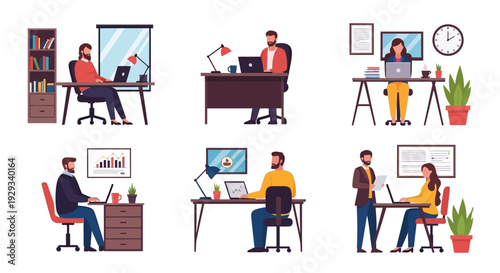 Flat Design Vector Illustrations of People Working on Laptops in Office and Remote Settings: Business Productivity and Flexible Work Scenes