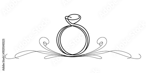 Elegant black and white line art illustration of a diamond engagement ring with decorative scrolls Vector, illustration