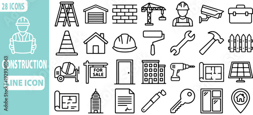 Construction Blueprint: Detailed icon set with construction elements like tools and blueprint evoking the industry's precision and planning.