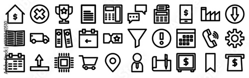 Set of 30 business and marketing thin line icons including bank, cart, phone, file, pin, upload, calendar, trophy, truck, document, communication symbols in outline style