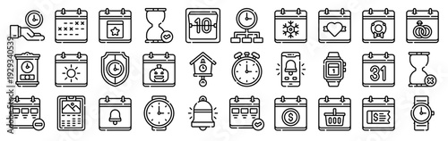 Set of 30 calendar and date thin line icons: clock, time, alarm, calendar, hourglass, notification, bell, reminder, schedule, timer, event planning symbols