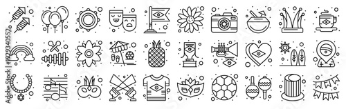 Set of 30 Brazilian Carnival thin line icons including music, masks, beach, flags, balloons, instruments, and celebration symbols. Editable stroke vector collection
