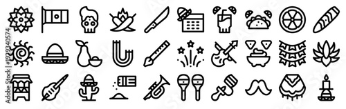 Set of 30 Cinco de Mayo thin line icons including dalia, chili pepper, violin, garland, tequila, maraca, cactus, avocado, Mexican hat, flag, skull and more cultural celebration elements