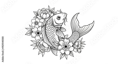 Koi Fish and Peony Flowers Outline Drawing