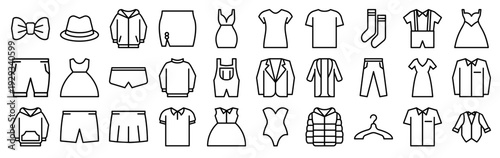 Set of 30 clothing and fashion thin line vector icons including bow tie, polo shirt, uniform, skirt, coat, dress, shorts, pants and wardrobe essentials
