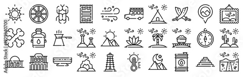 Set of 30 desert thin line web icons including sun, palm tree, derrick, rock, compass, carpet, house, bones, tent. Editable stroke vector illustration pack