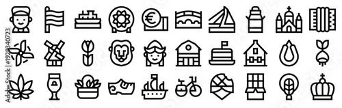 Set of 30 Holland Dutch culture thin line icons including windmill, clogs, tulip, bike, stroopwafel, traditional symbols in outline vector style