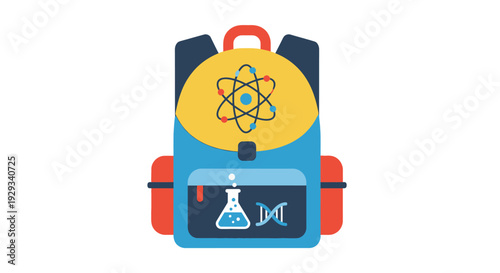 Backpack with Science Symbols: Atom, DNA, Flask - Education Concept