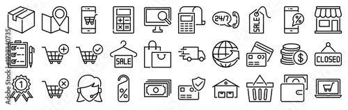 Set of 30 ecommerce thin line web icons: shopping cart, payment, delivery, discount, money, cardboard box, network, checklist. Vector outline illustration pack