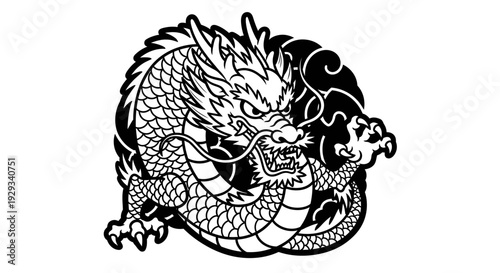 Traditional Chinese Dragon Illustration - Black and White
