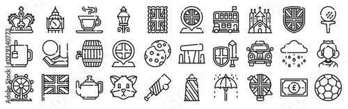Set of 30 England thin line web icons including crown, big ben, tea, cricket, double decker bus, united kingdom, taxi, football, fox, stonehenge, umbrella, warrior, rainy, street lights