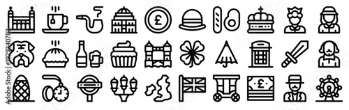 Set of 30 England thin line vector icons including Tower of London, Big Ben, royal symbols, British culture, landmarks, tea, umbrella, bulldog, crown, and traditional elements