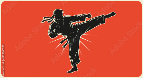 Martial Arts Silhouette: Karateka Performing High Kick on Red Background