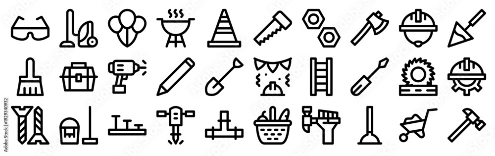 Fototapeta premium Set of 30 labor day thin line icons including construction tools, safety equipment, work instruments, industrial items. Editable stroke vector illustration pack