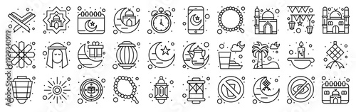 Set of 30 Islamic and Ramadan thin line web icons: quran, mosque, lantern, rosary, crescent moon, calendar, prayer, decoration. Outline vector illustration pack