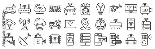Set of 30 internet of things thin line icons: smart home, robot vacuum, chip, car, smartphone, antenna, cloud, server, camera, lock. Editable stroke vector