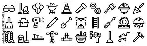 Set of 30 labor day thin line icons including construction tools, safety equipment, work instruments, industrial items. Editable stroke vector illustration pack
