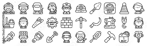 Set of 30 labour day thin line vector icons: fireman, builder, painter, chef, welder, farmer, plumber, construction worker, tools and profession symbols for web design