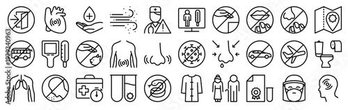 Set of 30 stop virus thin line icons including thermometer, medical, sneeze, test tube, doctor, hospital, infection, fever, air, travel, health, protection, hygiene symbols